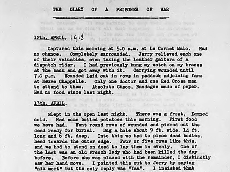 Section of a typed diary titled The Diary of a Prisoner of War, including entries dated 12 April and 13 April 1918.