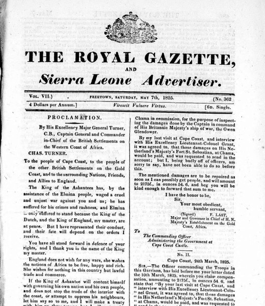 Front page of The Royal Gazette and Sierra Leone Advertiser dated 7 May 1825.