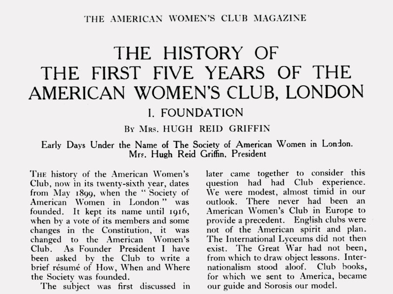Top of an article from The American Women's Club Magazine titled The History of the First Five Years of the American Women's Club, London