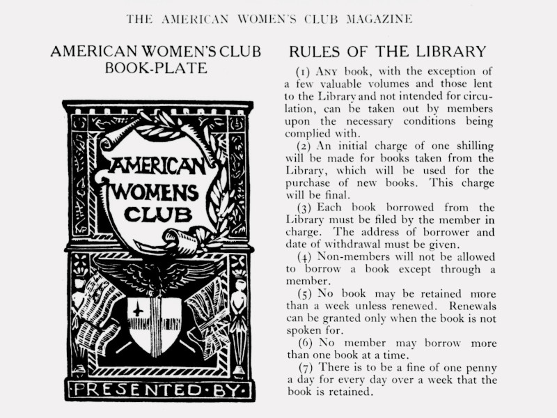 On the left is a print of The American Women's Club Book-Plate. On the right are 7 Rules of the Library