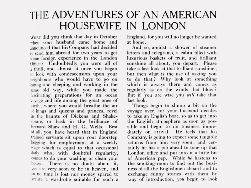 Top of an article titled The Adventures of an American Housewife in London