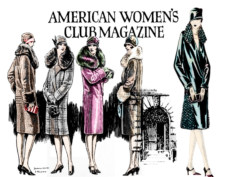 Illustrations of five women showing different fashion trends. Above them, in black letters, it reads American Women's Club Magazine.