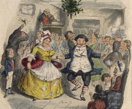 A coloured illustration of several people dancing. A man and a woman wearing brightly coloured clothes hold hands, dancing, in the middle of the image. A crowd of people dance behind them, and an elderly woman sits on a chair with two children to their right. A man plays a violin on a raised platform in the background.