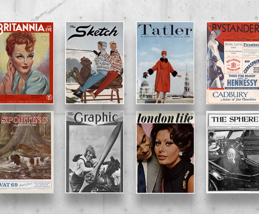 A collage of magazine covers. These include The Tatler, London Life, The Graphic, and Britannia and Eve.