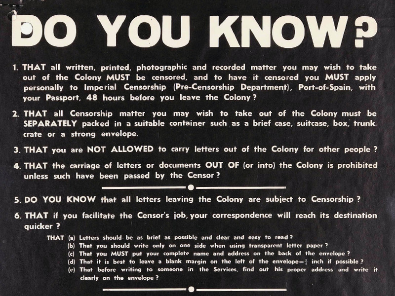 White text on black background with title Do You Know?, listing 6 rules about censorship of materials being taken in/out of the colony