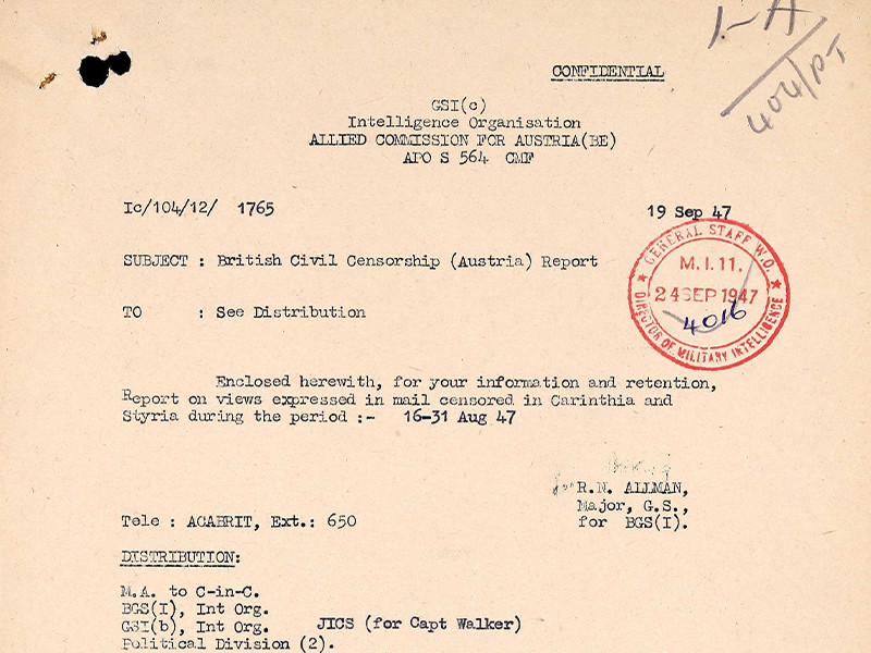 Confidential British Civil Censorship (Austria) report, dated 19 September 1947. On the right is a red M. I .11 stamp dated 24 September 1947.