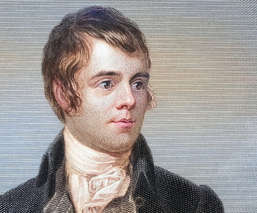 An illustration of Robert Burns wearing a high collar and jacket.