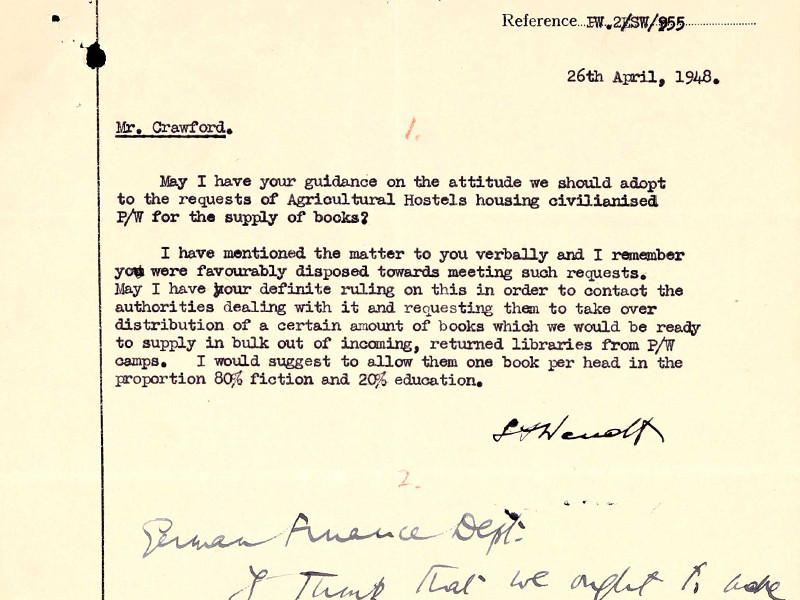 Typed letter to Mr. Crawford requesting guidance on supplying books to civilianised POWs, dated 26 April 1948