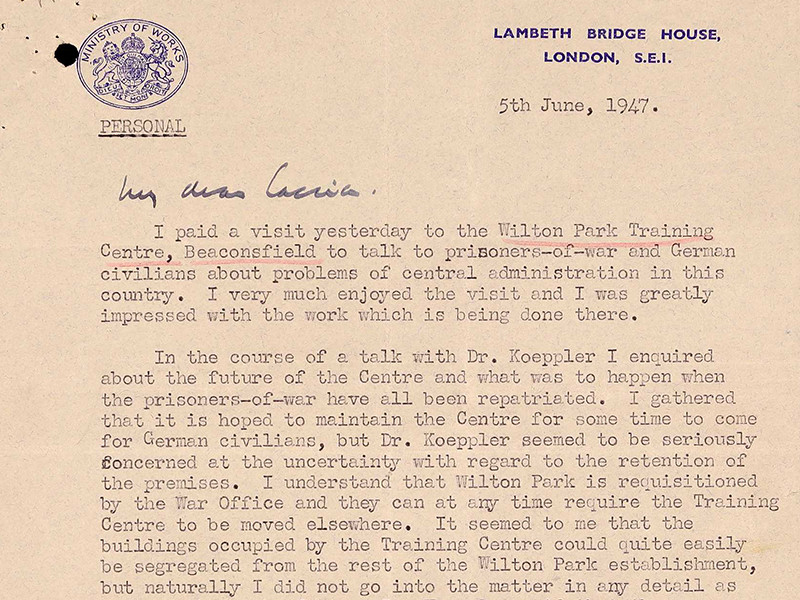 Typed letter addressed to Lambeth Bridge House, London, dated 5 June 1947, regarding a visit to Wilton Park Training Centre, Beaconsfield