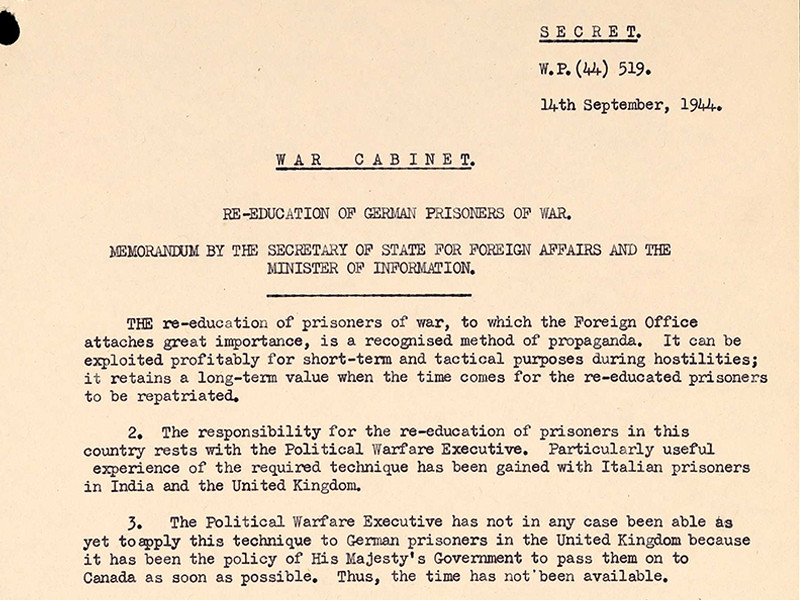 War cabinet memorandum from 14 September 1944 regarding re-education of German POWs