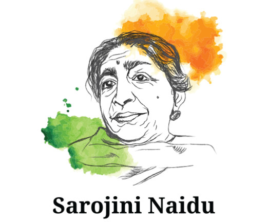 A line art illustration of Sarojini Naidu, with green and orange paint splashes around her portrait.