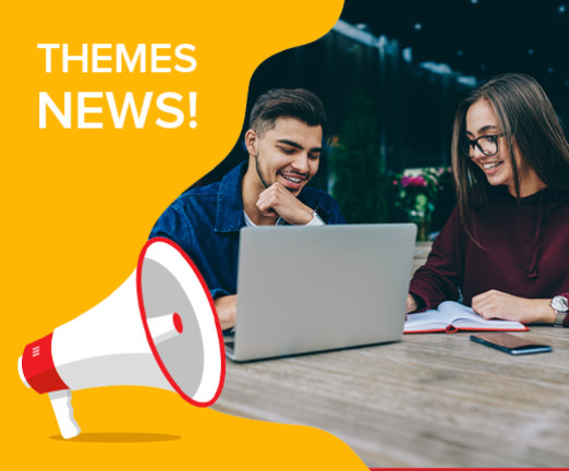A photograph of two young people looking at a laptop. A yellow background overlays the left side of the image, featuring a cartoon of a megaphone and white text reading Themes News!