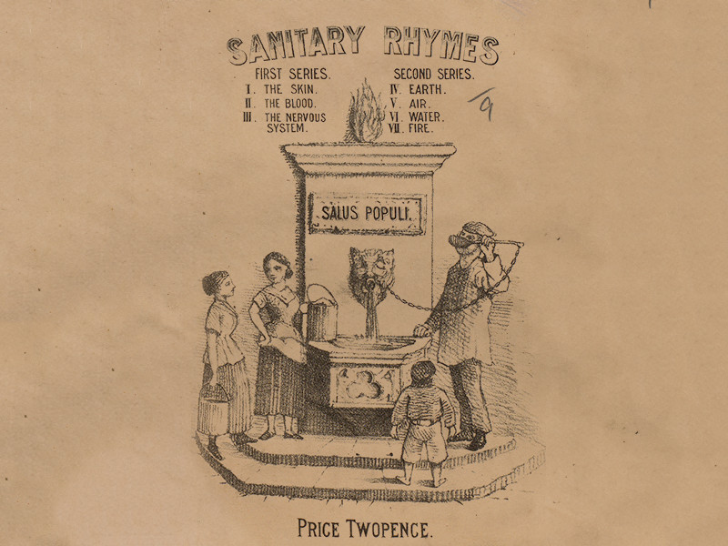 Illustration of four people around a fountain, one drinking its water, with the words sanitary rhymes above