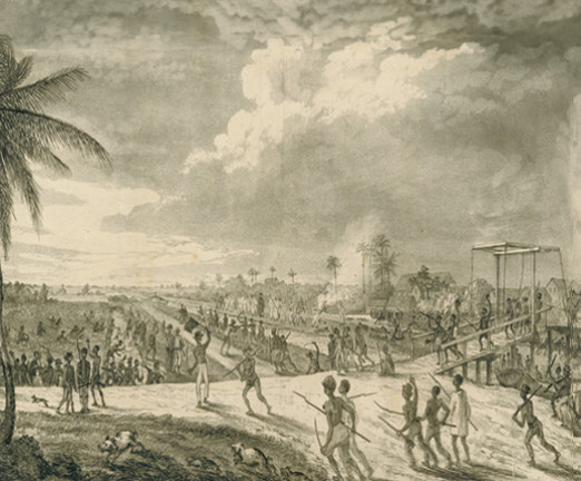 An illustration of enslaved people carrying tools. They are set against a landscape of palm trees.
