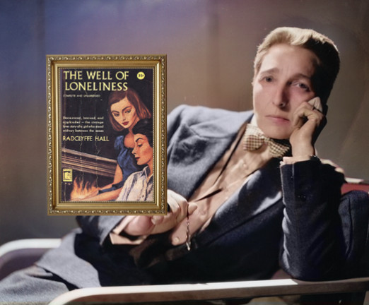 A colourised image of the English poet and author Marguerite Antonia Radclyffe-Hall, who is leaning on her arm which is propped on the arm of the chair she is sitting in. Overlayed is the cover of her novel, The Well of Loneliness, a groundbreaking work in lesbian literature.