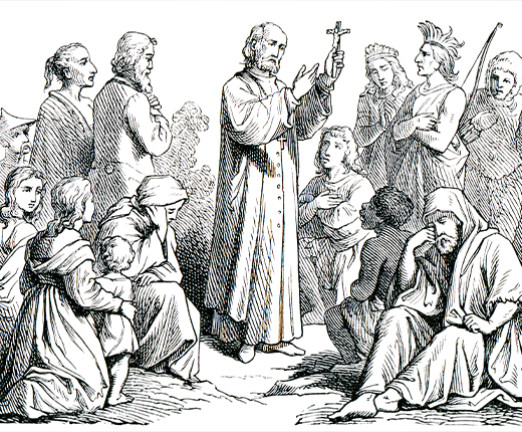 An old engraving depicting a preaching missionary from the book History of the Church, circa 1880. In the engraving, a preacher stands in the center holding a cross, with people at various levels around him.