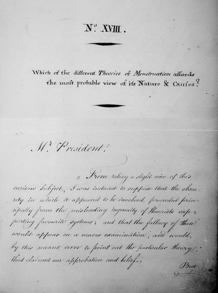 Handwritten document regarding the question Which of the different Theories of Menstruation affords the most probable view of its Nature & Causes?