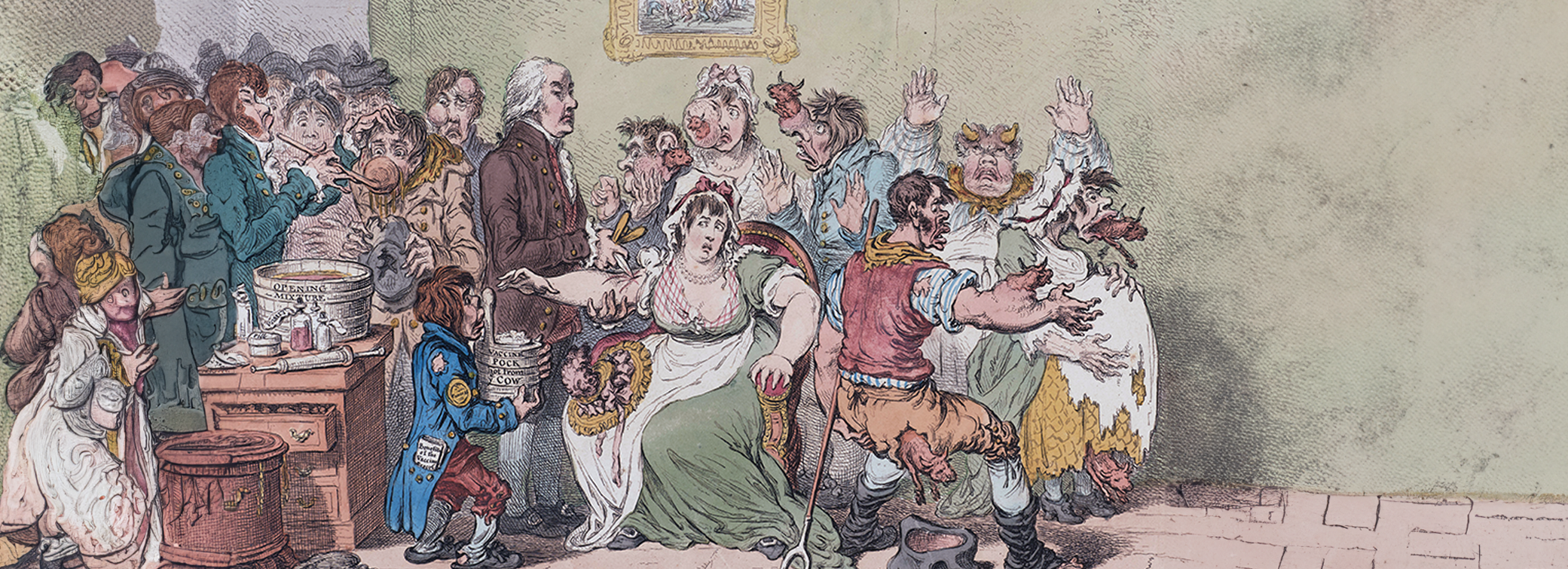 Edward Jenner inoculates patients. Cows are seen growing out of the arms of patients as the inoculation for smallpox came from giving the patient cowpox.