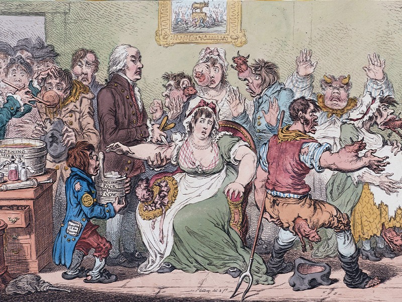 Edward Jenner inoculates patients. Cows are seen growing out of the arms of patients as the inoculation for smallpox came from giving the patient cowpox.