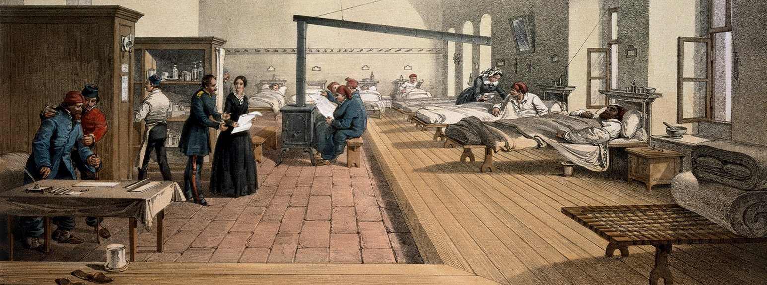 Florence Nightingale, British nurse, in a ward of the hospital at Scutari during the Crimean War.