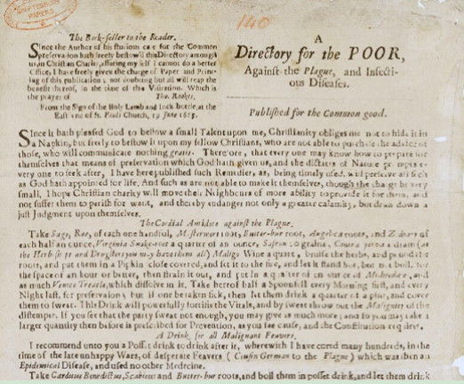 An aged, tanned piece of paper covered in text, with the title reading A Directory for the Poor against the Plague and Infectious Diseases.