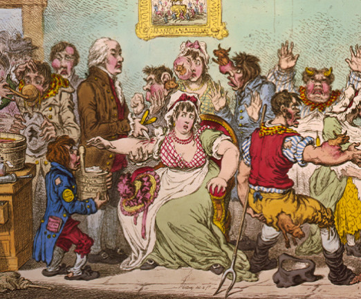 An illustration titled The cow-pock - or - the wonderful effects of the new inoculation. In the image, a milkmaid has her arm outstretched, preparing for inoculation. Around her, people who have already been inoculated can be seen with small cows protruding from various parts of their bodies.