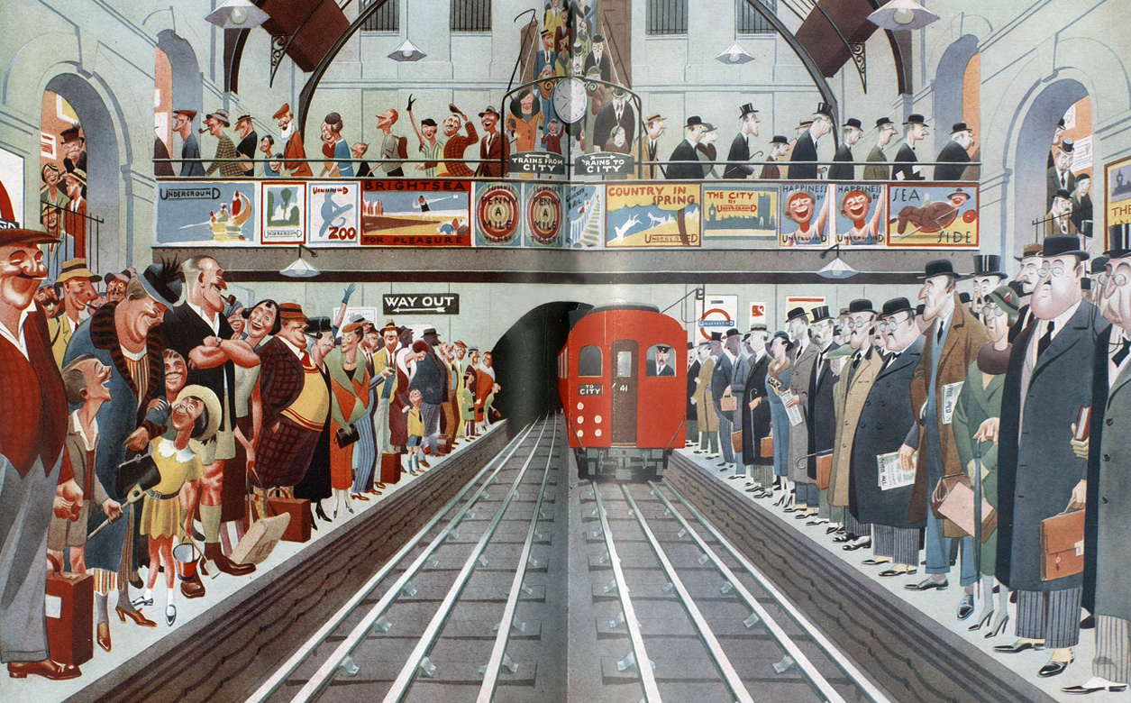 London underground cartoon illustration from 1939 by A. W. Wilson. Right side shows men sad commuting to work and the left side shows happy families going on day trips.
