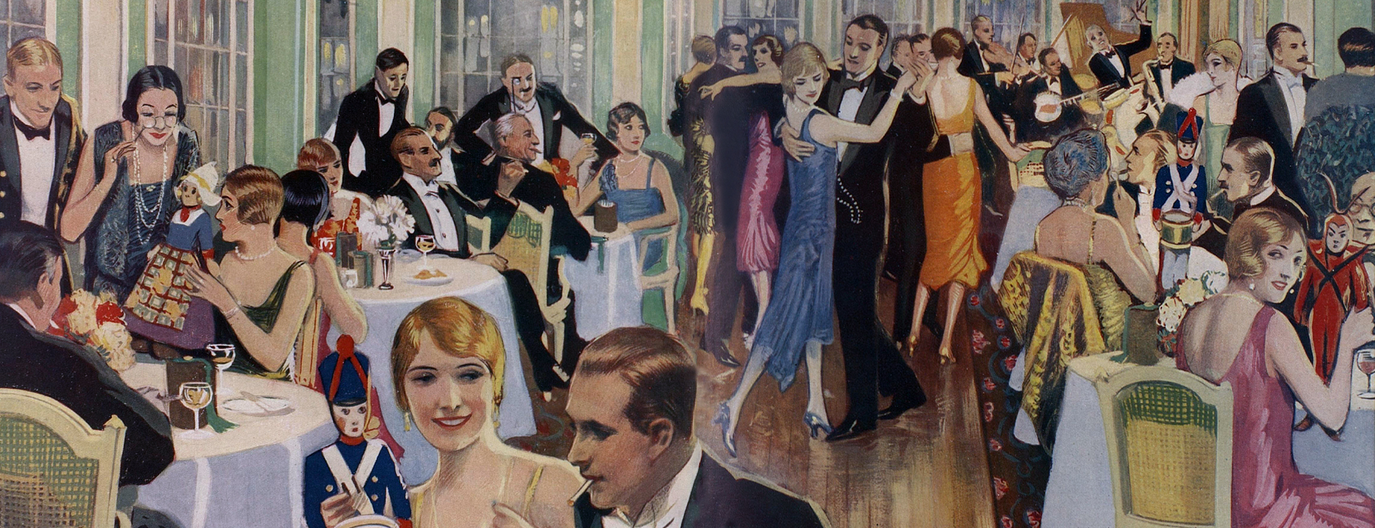 Illustration shows a restaurant scene with men and women dancing in the background. Shows upper class people in fashionable 1920s fashion.