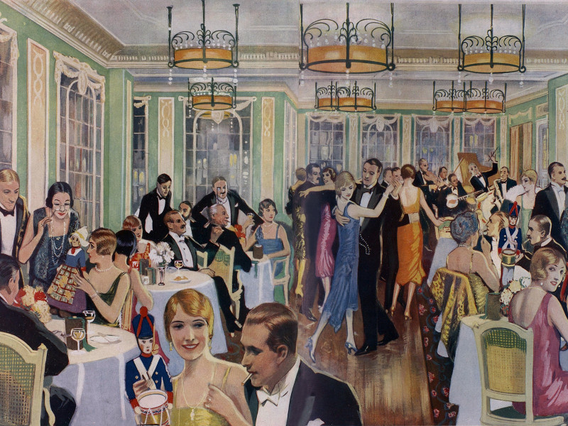 Illustration shows a restaurant scene with men and women dancing in the background. Shows upper class people in fashionable 1920s fashion.