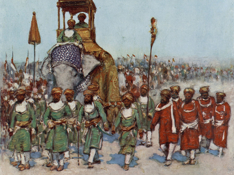 Prince of Wales' welcome reception in India in 1906. Illustration shows elephant and people marching next to it.