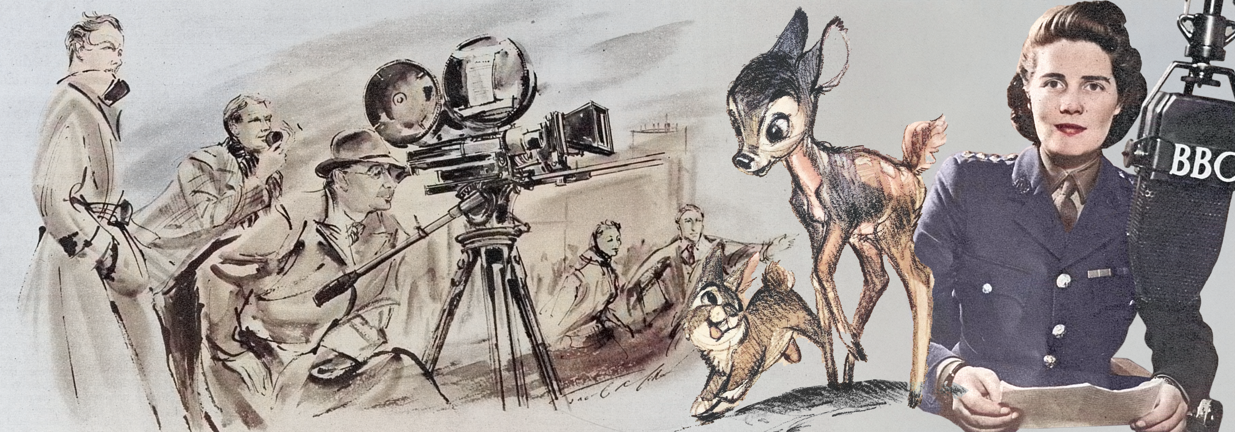Collage of illustrations. On the left a director and camera crew are directing and shooting a film. In the centre there is an illustration of Bambi from 1942. On the right there is a woman BBC reporter next to a mic