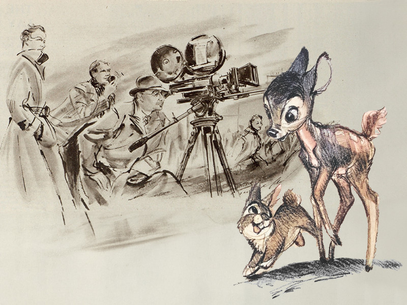 Collage of illustrations. On the left a director and camera crew are directing and shooting a film. On the right there is an illustration of Bambi from 1942.