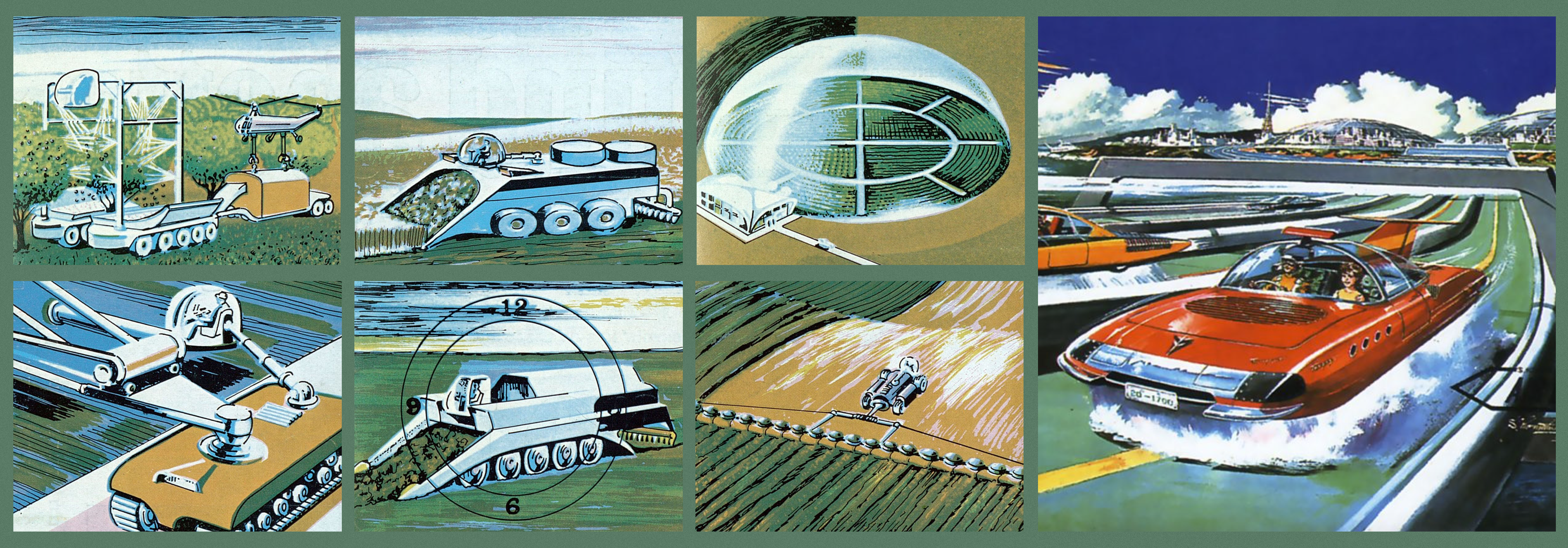 College of images from the front cover of the Farm & Country, 1968. Depicts new farming machinery