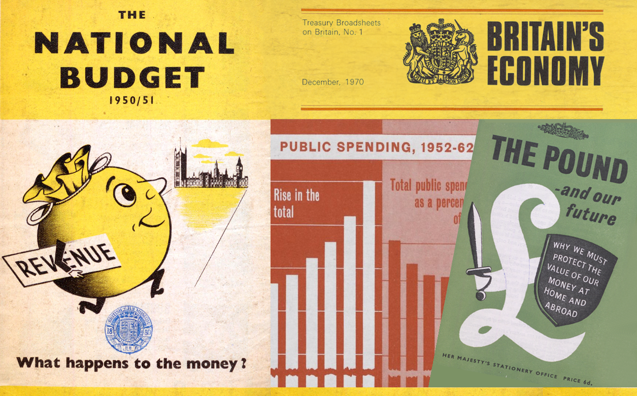 Two pamphlet covers on Britain's Economy. The left side has "The National Budget 1950/51" pamphlet cover. The right side has "The Pound and Our Future" pamphlet cover with a large illustration of the £ sign.