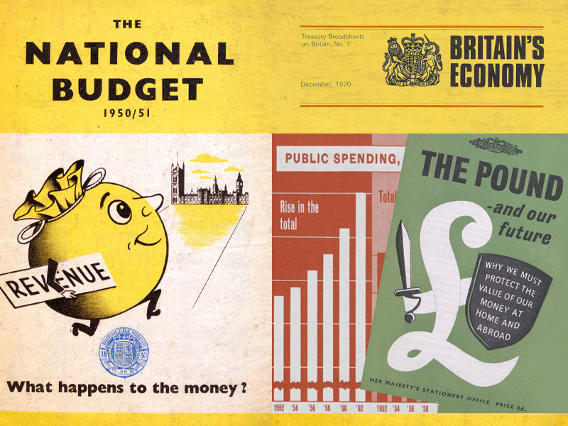 Two pamphlet covers on Britain's Economy. The left side has The National Budget 1950/51 pamphlet cover. The right side has The Pound and Our Future pamphlet cover with a large illustration of the £ sign.
