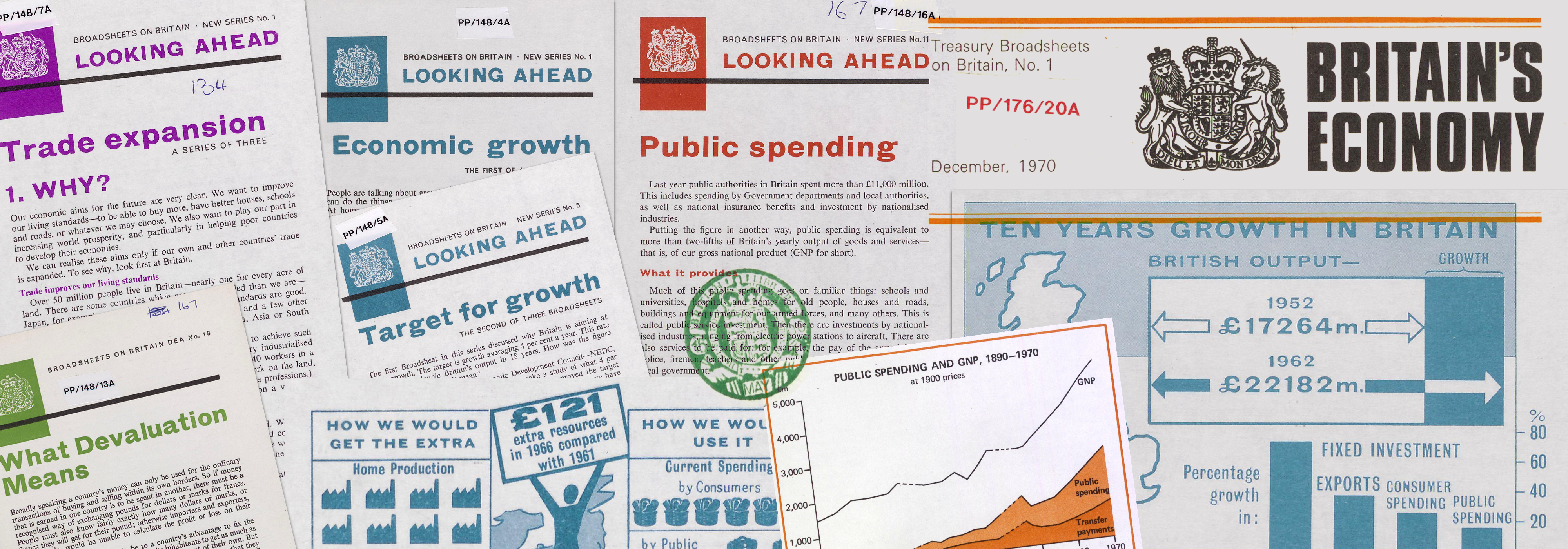 Collage of pamphlet covers from the "Broadsheets on Britain: New Series No. 1 Looking Ahead" series on Britain's economy. Some titles include "Trade Expansion", "Economic Growth", "Public Spending", "Target For Growth", and "What Devaluation Means".