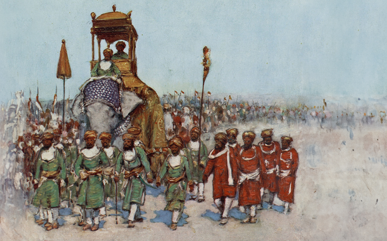Prince of Wales' welcome reception in India in 1906. Illustration shows elephant and people marching next to it.
