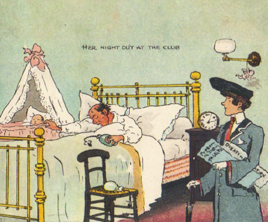 An illustration set in a bedroom, where a man can be seen asleep in a metal bed frame, with one arm outstretched on a baby's crib next to the bed. A woman in a hat and smart clothing can be seen in the foreground, carrying several papers under her arm, overlooking the man in the bed. The image is captioned her night out at the club.