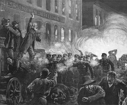 Riot at the meeting at Haymarket Square, Chicago, Illinois, 4 May 1886. Wood engraving from a contemporary American newspaper.