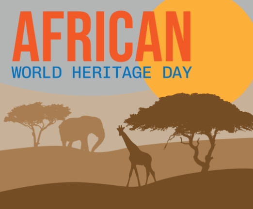 A cartoon of the silhouette of a tree and a giraffe, with text that says African World Heritage Day in orange and blue.
