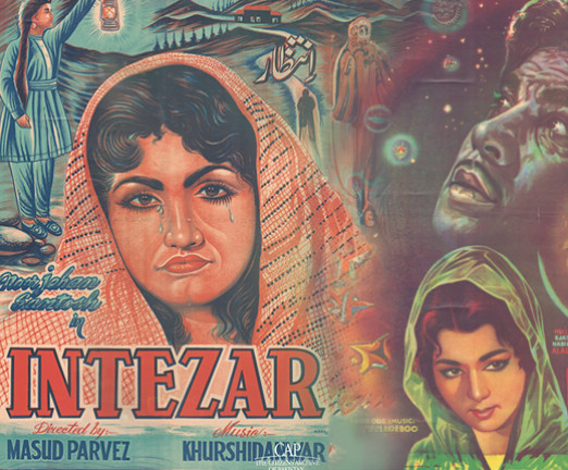 A lithographic print created to promote the film Intezar. In the foreground, occupying the majority of the frame, is a portrait of the character Nimmi, portrayed by Noor Jehan, a renowned Pakistani singer and actress. She is pictured with an orange hijab, with curly dark hair framing her face. There are tears falling from her eyes.