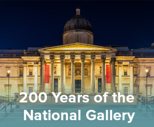A photograph of The National Gallery lit up at night. There is white text over the photo that says 200 Years of the National Gallery.