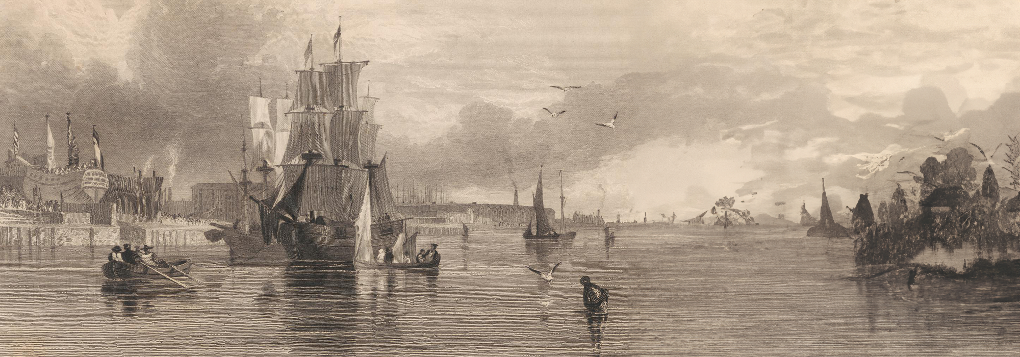 An illustration by Robert Wallis of Liverpool, from the Mersey. A ship with sails commences from the ship building yards. There are smaller row boats surrounding the ship.