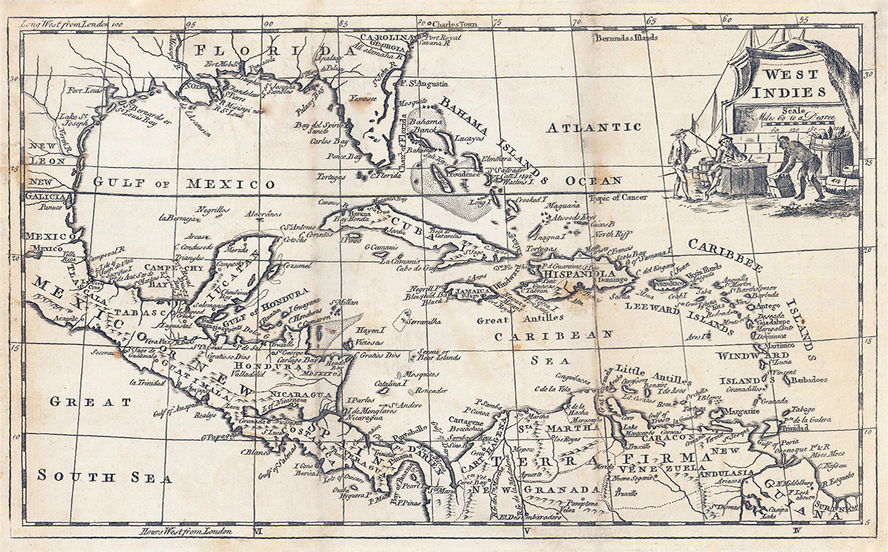 A map of the West Indies. The map has a cream background and has grid references. There are illustrations of three men in the top right corner: one sits at a writing desk, one is carrying a package, and the third is speaking.