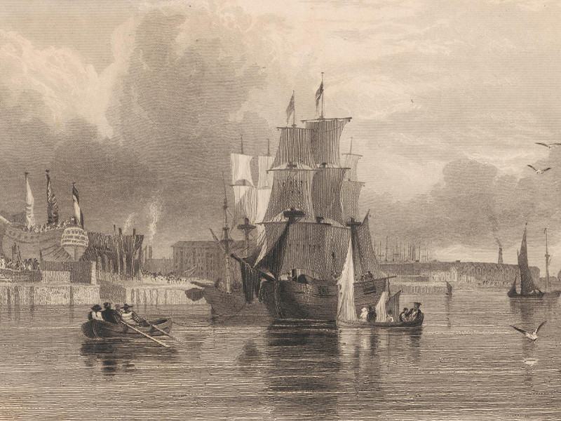 An illustration by Robert Wallis of Liverpool, from the Mersey. A ship with sails commences from the ship building yards. There are smaller row boats surrounding the ship.