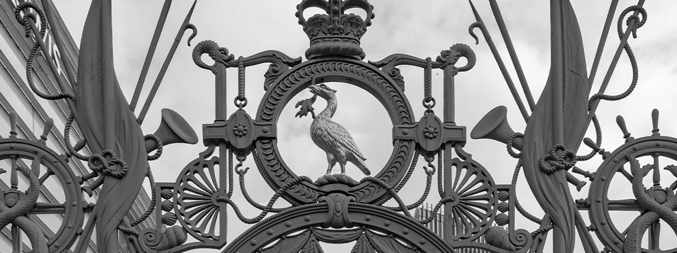 The gold Liver bird in the centre of the gates of Liverpool Sailors' Home.