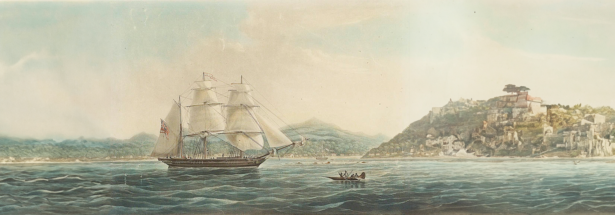 A Missionary Ship, commanded by Captain Morgan is represented entering the bay of Huahine, one of the Society Islands in the South Pacific Ocean.