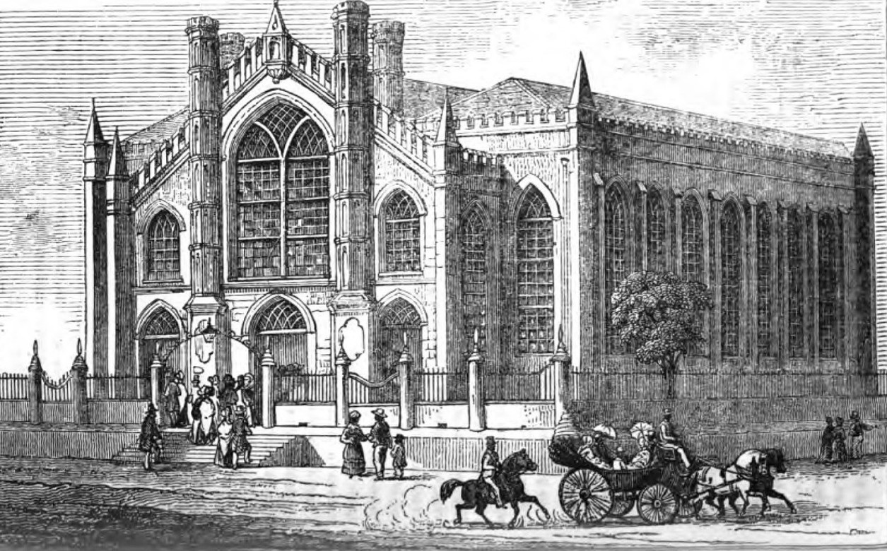 An illustration of Coke Chapel, in Kingston, Jamaica. There is a horse and carriage departing the chapel, and several figures entering through the front steps.