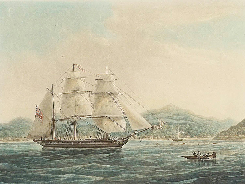 A Missionary Ship, commanded by Captain Morgan is represented entering the bay of Huahine, one of the Society Islands in the South Pacific Ocean.