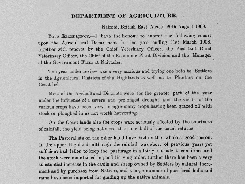 Section of a report titled Department of Agriculture, dated 20 August 1908.